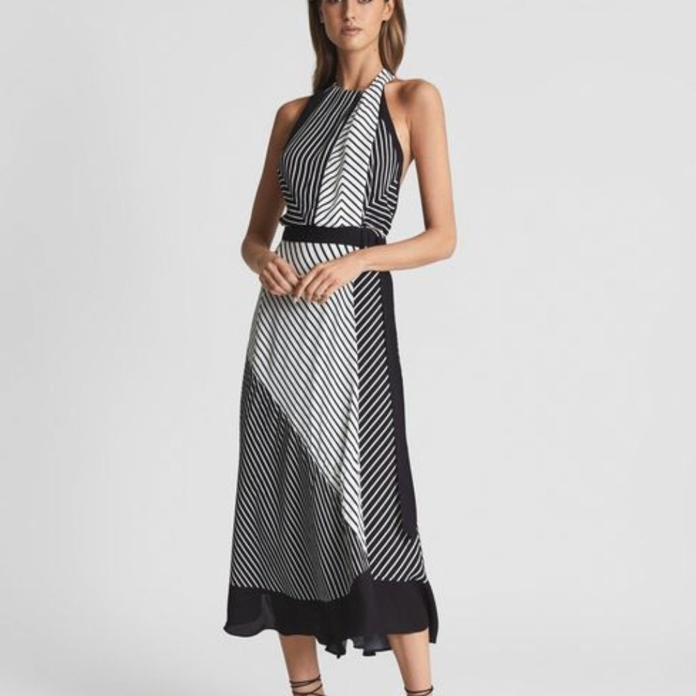 REISS Women's Black & White ILA MONO-STRIPE Halter Occasion Dress size 6.